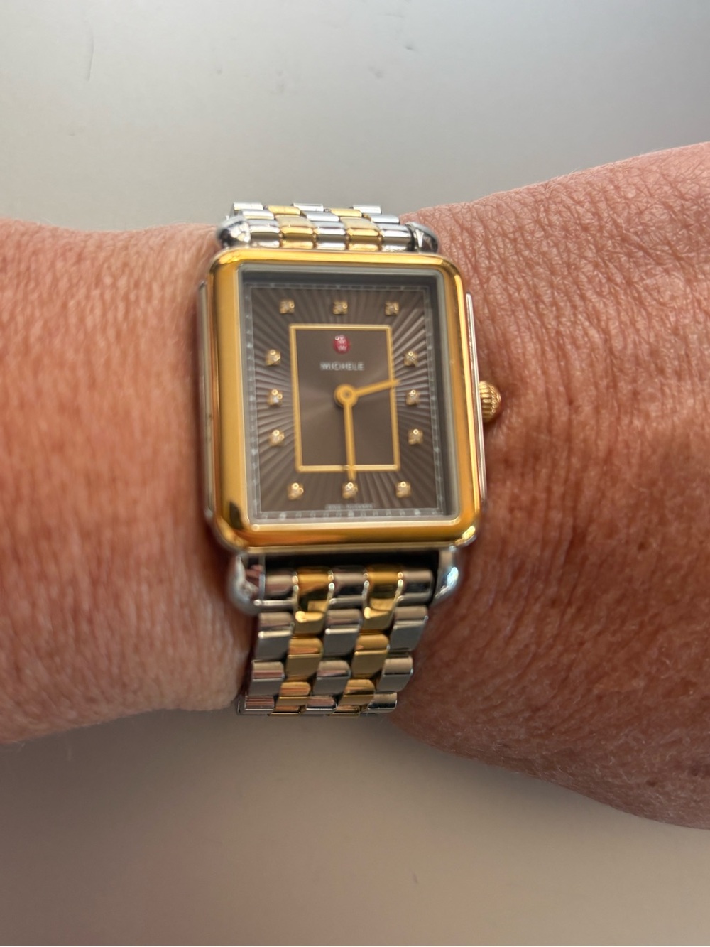 MICHELE Deco II Two Tone Diamond Watch Cocoa Dial Swiss MWW06X000033